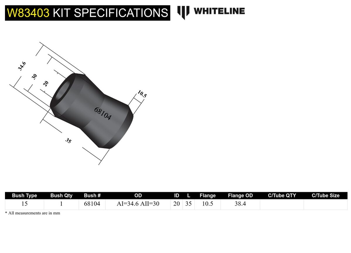 W83403 Whiteline Rear Panhard Rod - To Differential Bushing Kit to Suit Toyota Tarago and Estima TRC10 | Genuine Whiteline Suspension Component - photo 5 of 5