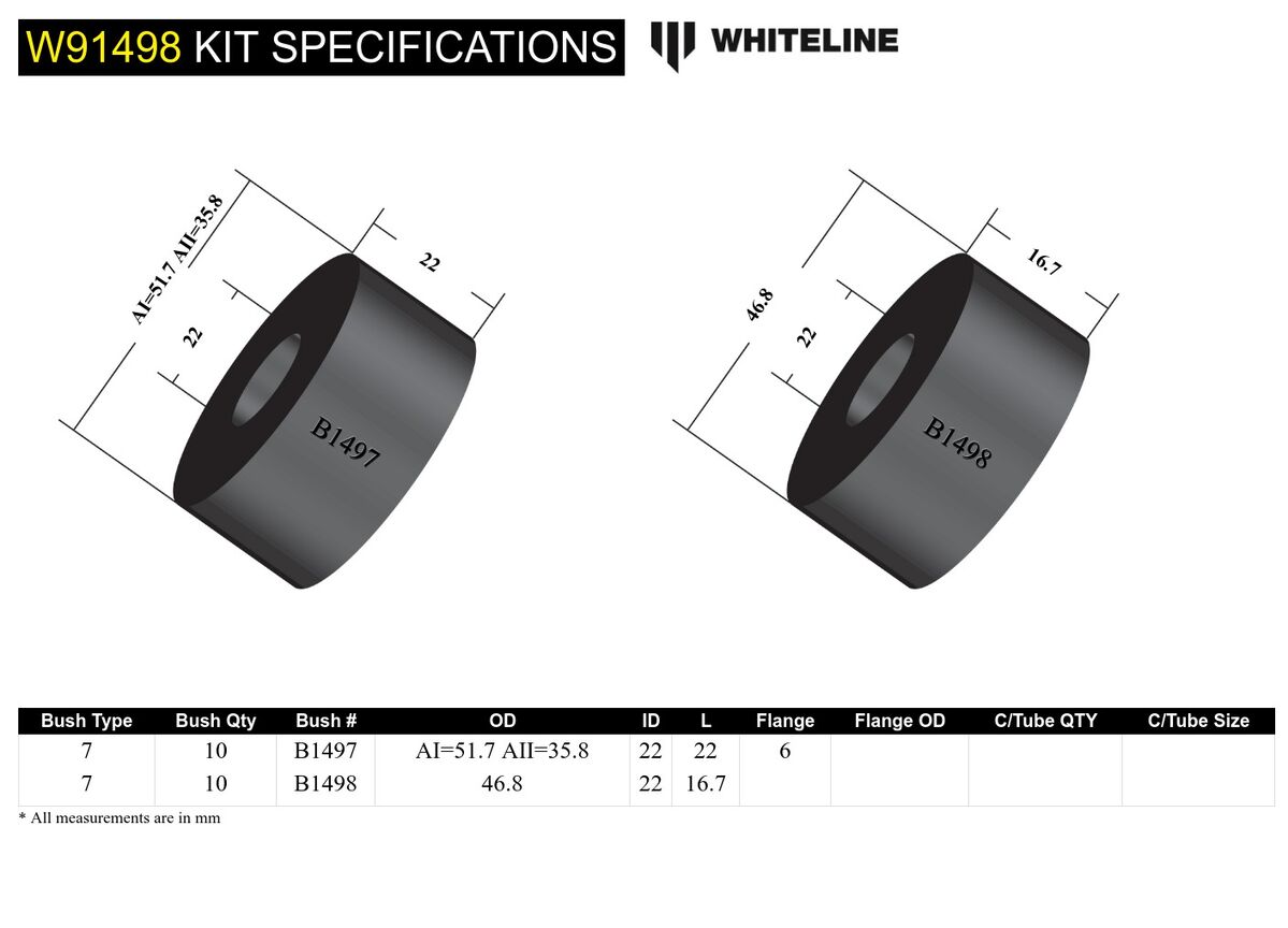 W91498 Whiteline Front and Rear Body Mount - Bushing Kit to Suit Holden HQ-HZ | Genuine Whiteline Suspension Component - photo 4 of 4