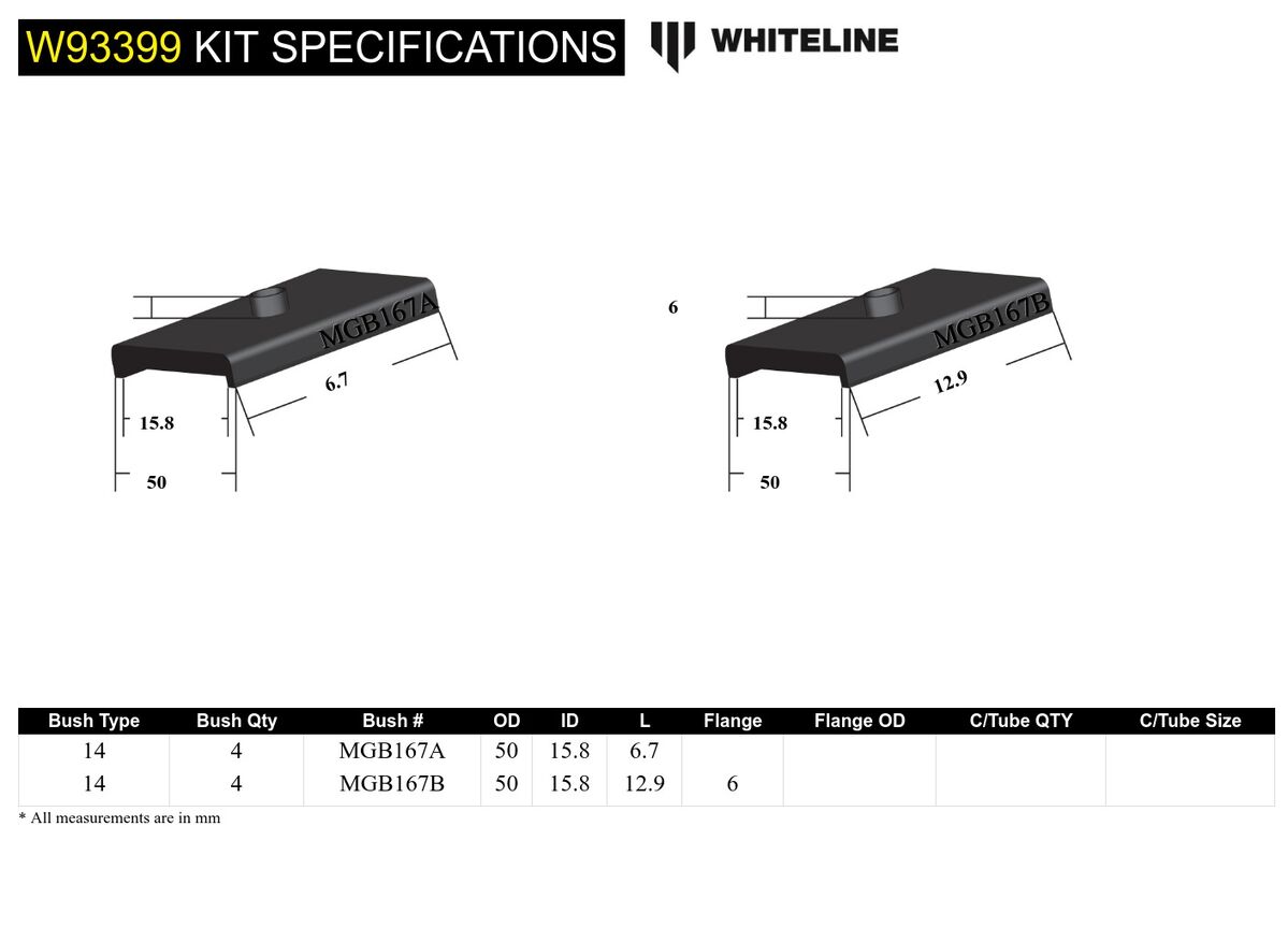 W93399 Whiteline Front Crossmember - Bushing Kit to Suit MG MGB | Genuine Whiteline Suspension Component - photo 4 of 4