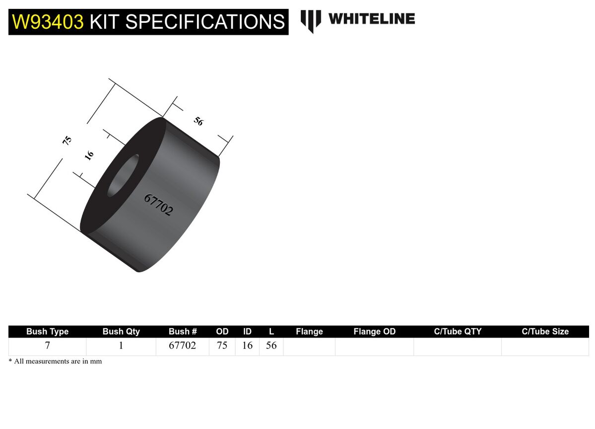 W93403 Whiteline Rear Differential Mount - Rear Bushing Kit 75mm OD to Suit Ford Falcon/Fairlane BA-BF, Territory SX-SZ and FPV | Genuine Whiteline Suspension Component - photo 5 of 5