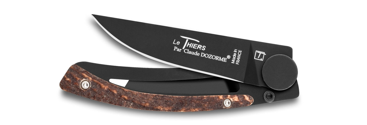 CD.142.79N   Claude Dozorme - 9cm Dressed Series Teflon Stainless Steel Pocket Knife (Liner Lock, Stag Horn Handle)