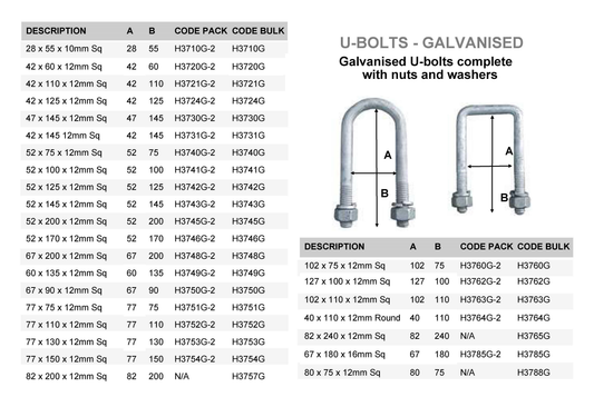 H3765G Mackay 82mm Square x 240mm x M12 U-Bolt Galvanised | Marine Trailer Part