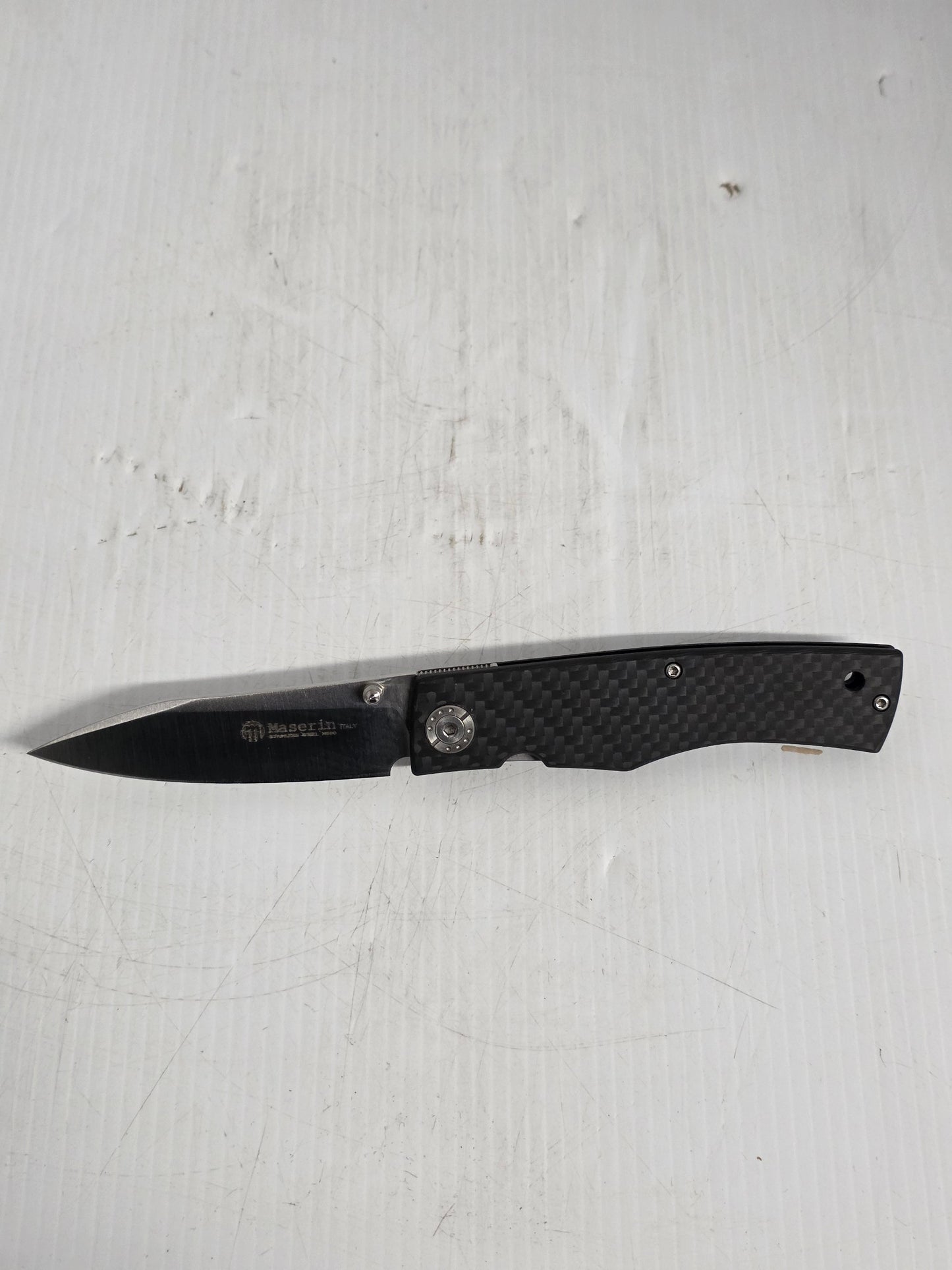 M392CN Maserin 78mm Stainless Steel Folding Knife (Black Carbon Fiber Handle)