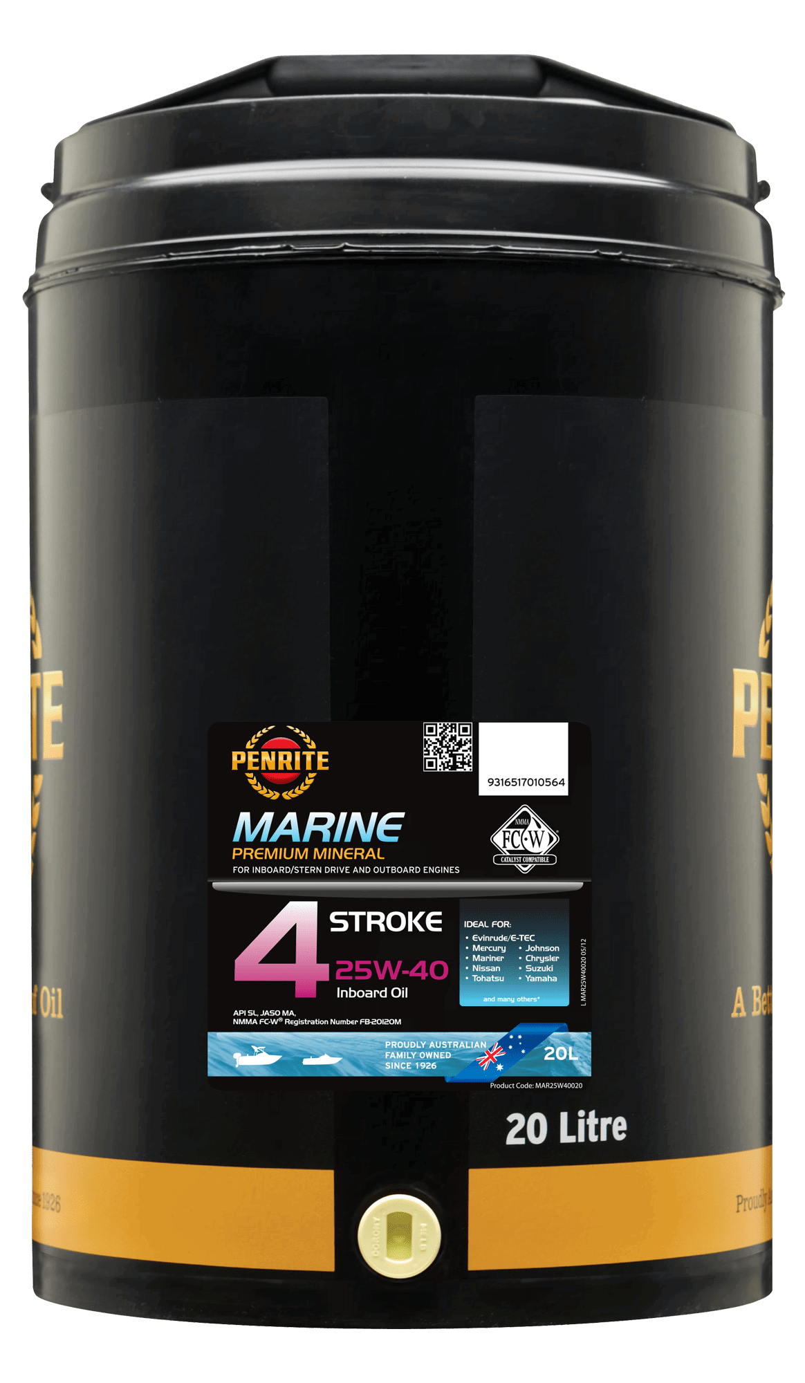 MAR25W40020 Penrite Marine Inboard 4-Stroke 25W-40 (Mineral) 20L | Genuine Penrite Lubricants