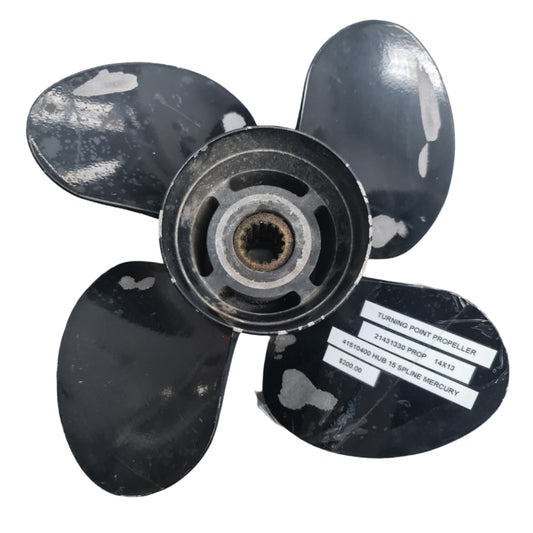 21431330 Turning Point Hustler 14 x 13 Four-Blade Aluminium Propeller with 41510400 Mercury 15-Spline Hub | Genuine Used Part