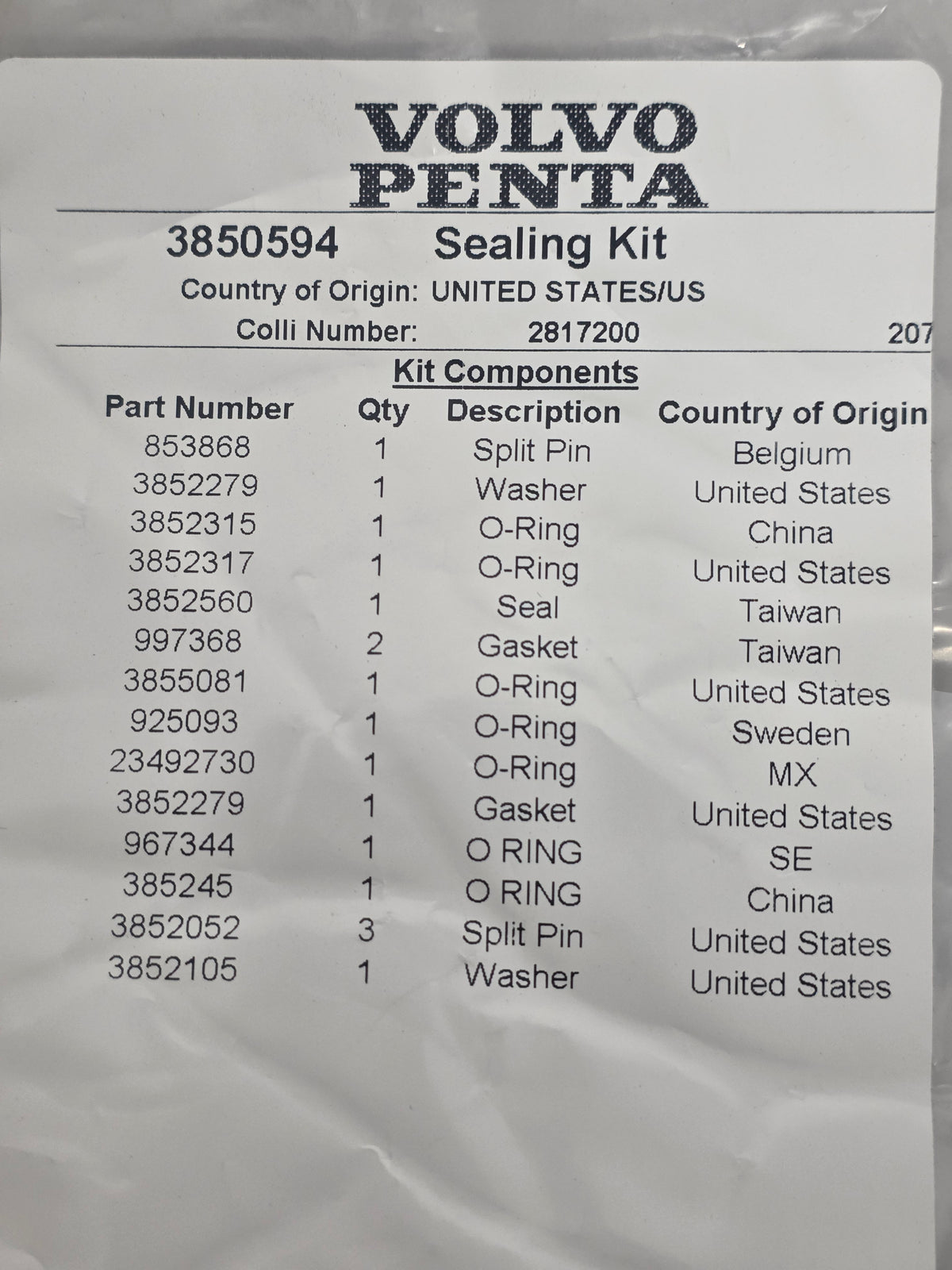 3850594 Kit | Genuine Volvo Penta Part