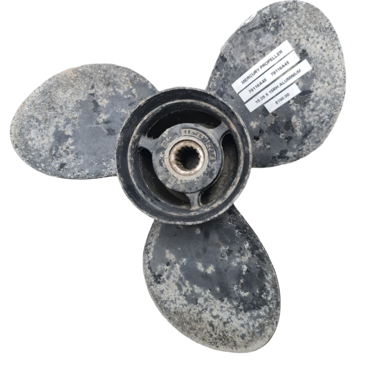 48-78116A40 48-78116A45 Mercury Black Max 15 1/4 x 15 Aluminium Propeller – RH 15 Spline | Genuine Used Part
