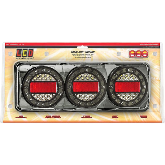 LED Autolamps 12/24V Stop/Tail/Indicator/Reverse/Reflector 3 Lamp Combination Black Chrome - MAXILAMPC3XRW - SOLD INDIVIDUALLY