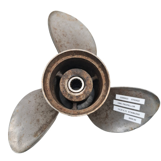 0389923 0763922 Evinrude/Johnson Viper TBX 14 1/2 x 21 Stainless Steel Propeller – 15 Spline | Genuine Used Part