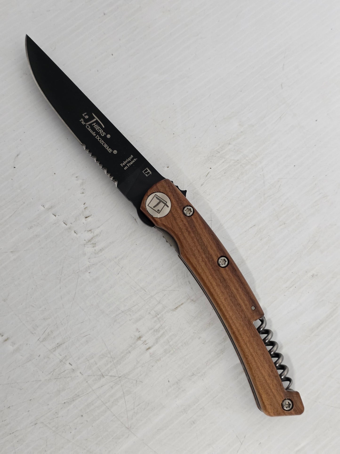 CD.129.55N Claude Dozorme  9.5cm Black Stainless Steel Pocket Knife (Rosewood Handle & Corkscrew)