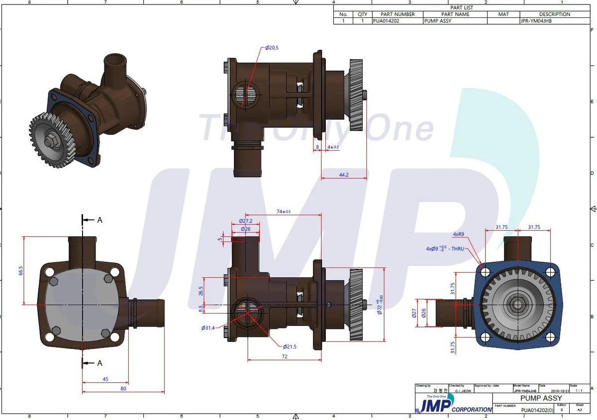 JPR-YM04JHB Aftermarket Yanmar 3JH4E/3JH5E/4JH5E Seawater Pump 129271-42502 | Sawley's Select Marine Parts - photo 2 of 5