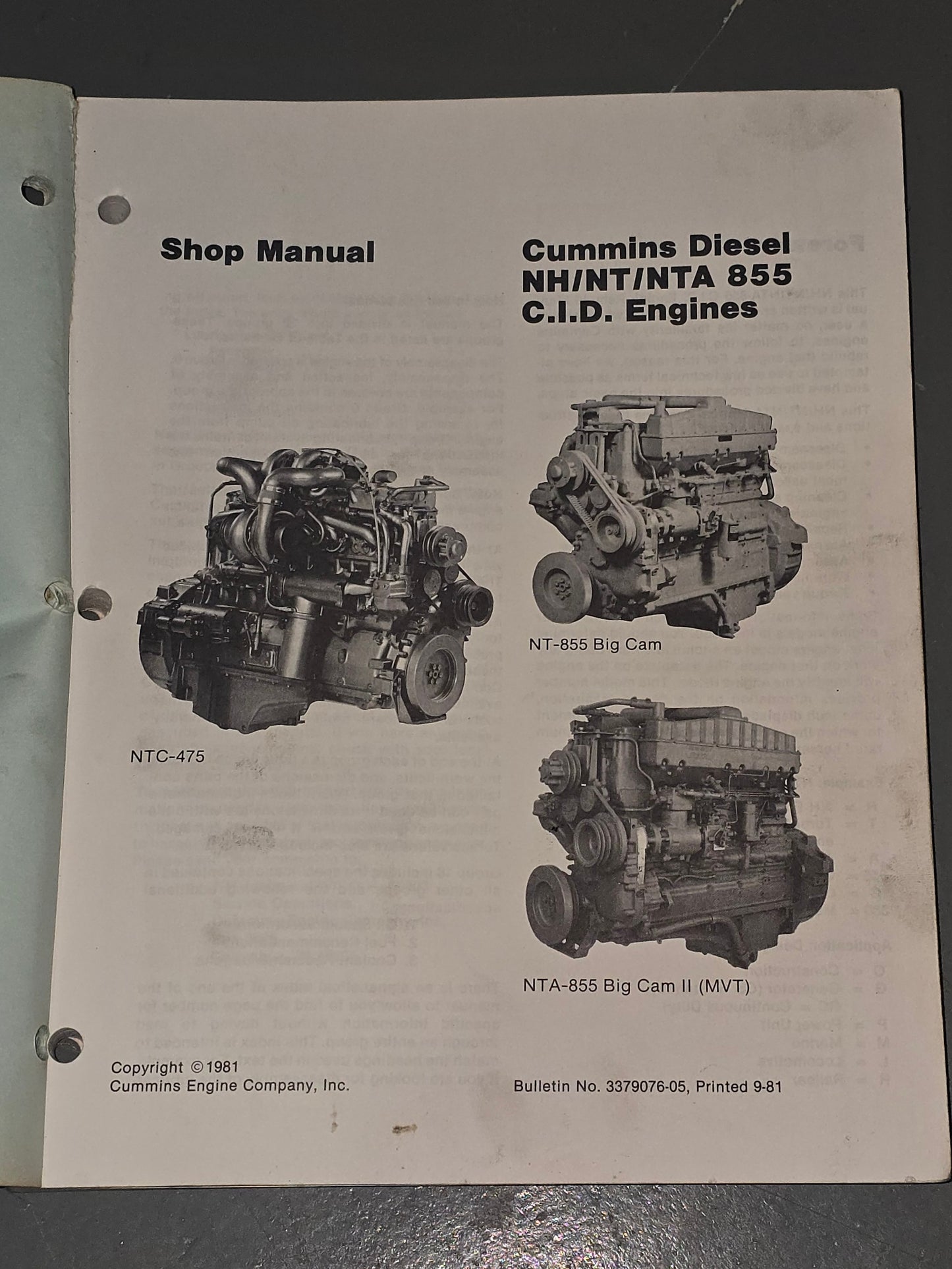 1981 Cummins NH/NT/NTA 855 CID Diesel Engine Service Manual | Genuine Used Manual