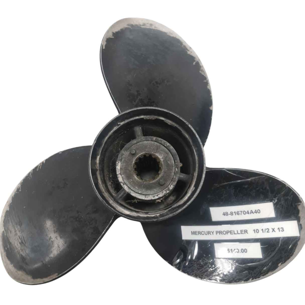 48-816704A40 48-816704A45 Mercury Black Max 10 1/2 x 13 Aluminium Propeller – RH 13 Spline | Genuine Used Part