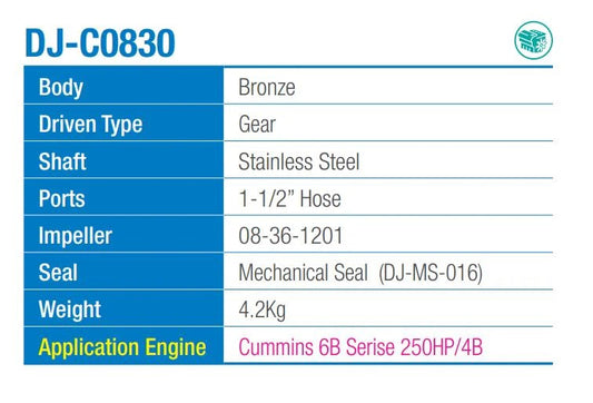DJ C0830 Aftermarket Cummins 6B Series Seawater Pump 1-1/2 Inch Ports, Sherwood GC1 | Sawley's Select Marine Parts