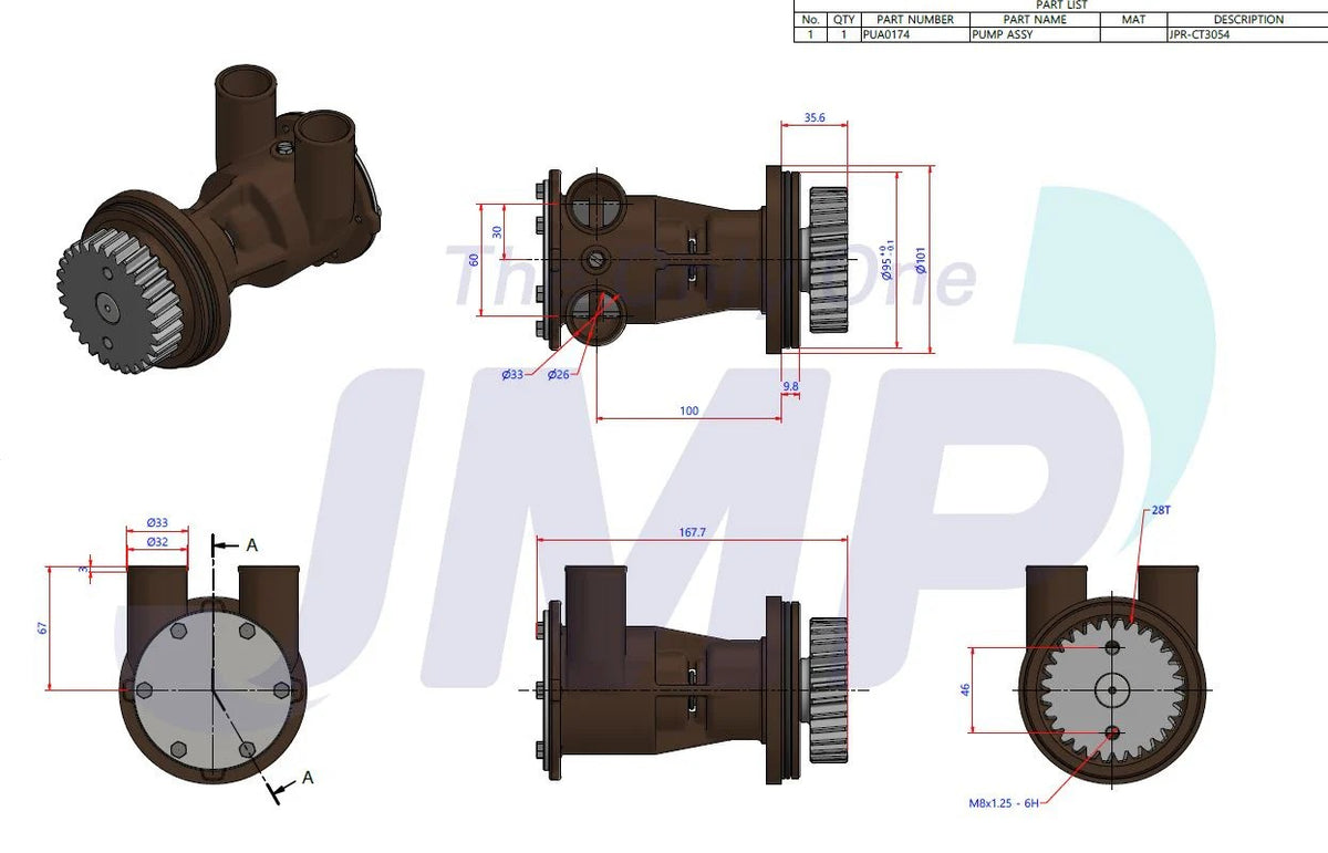 JPR-CT3054 Aftermarket Caterpillar 3054/3056 & Perkins M92B Seawater Pump | Sawley's Select Marine Parts - photo 4 of 8