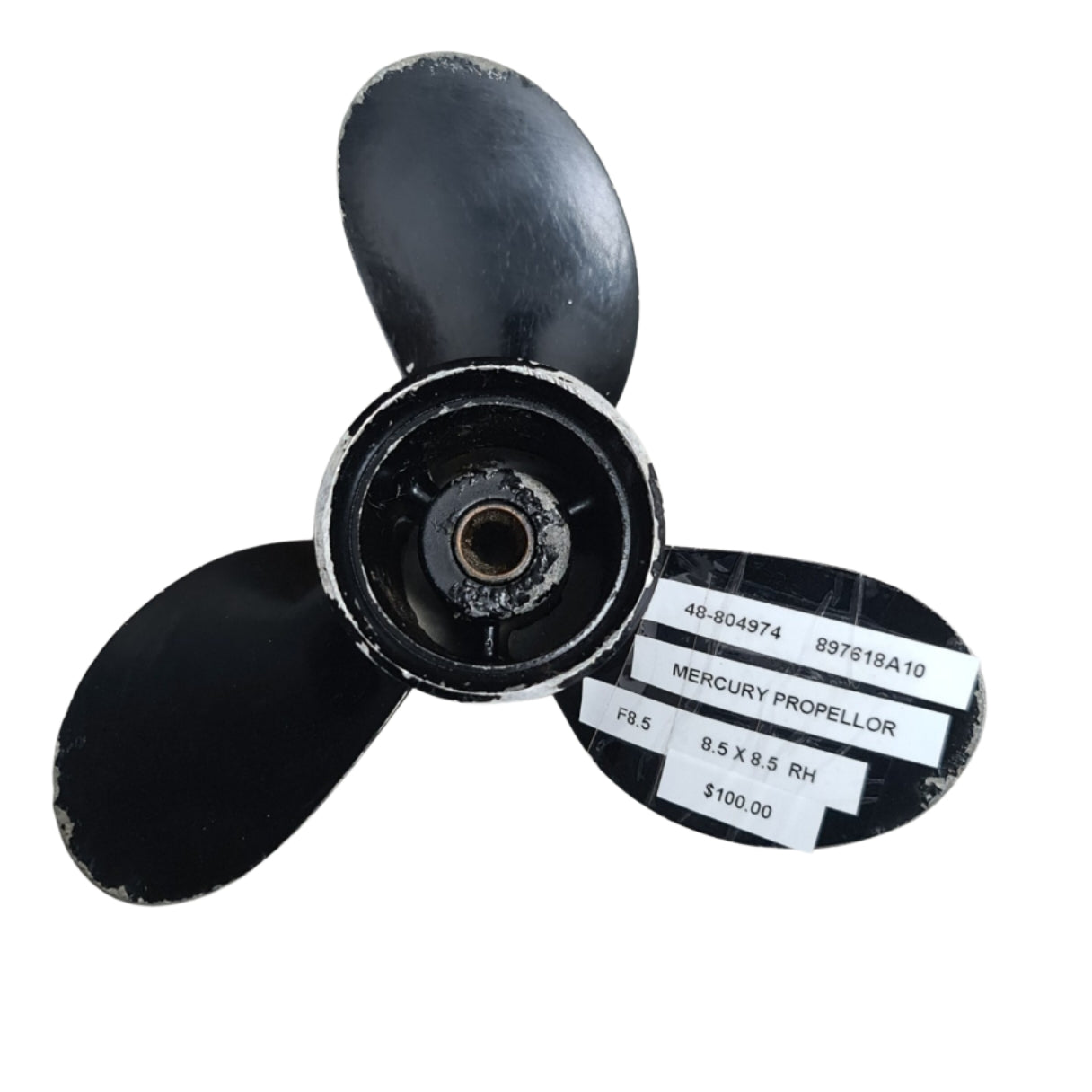 48-804974 48-897618A10 Mercury Black Max 8.9 x 8.5 Aluminium Propeller – RH 12 Spline | Genuine Used Part