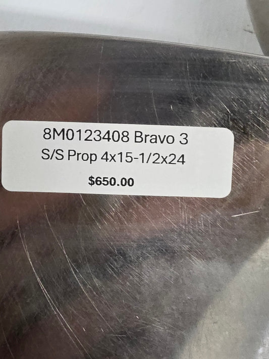 8M0123408 MerCruiser Bravo Three 15 1/2 x 24 LH Four-Blade Stainless Steel Front Propeller | Genuine Used Part