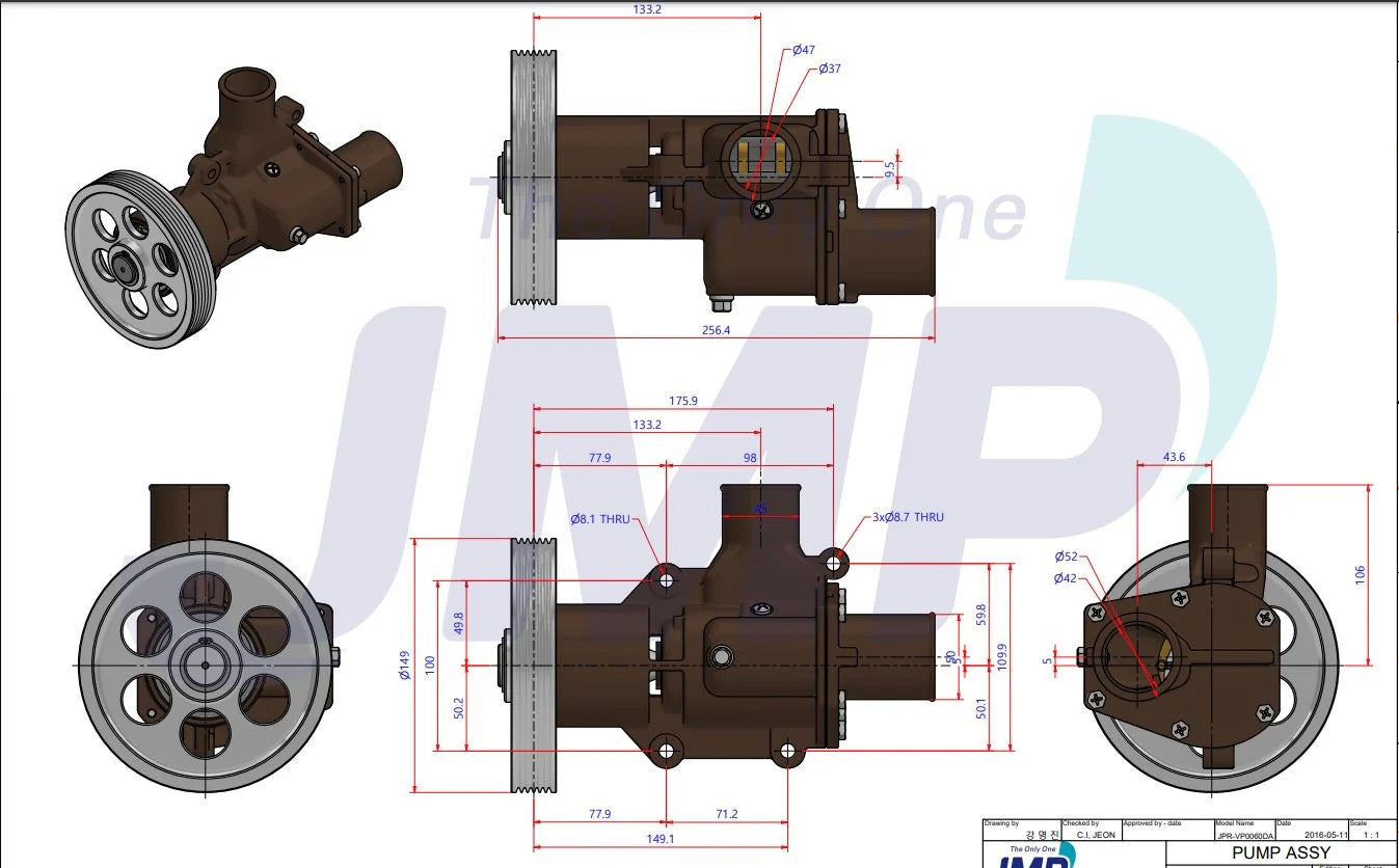 JPR-VP0060DA Volvo Penta D6 Seawater Pump (old style) Replaces Volvo Penta 21380890