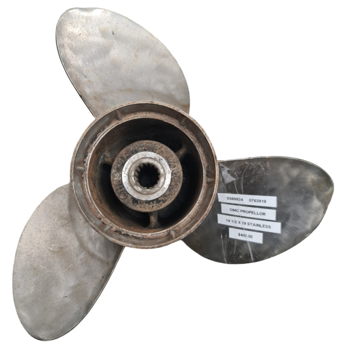 0389924 0763918 Evinrude/Johnson Viper TBX 14 3/4 x 19 Stainless Steel Propeller – 15 Spline | Genuine Used Part