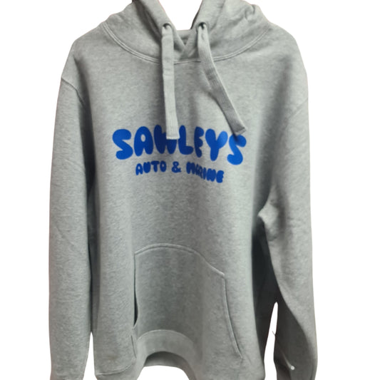 Sawley's Auto and Marine hooded sweatshirt with front and back branding