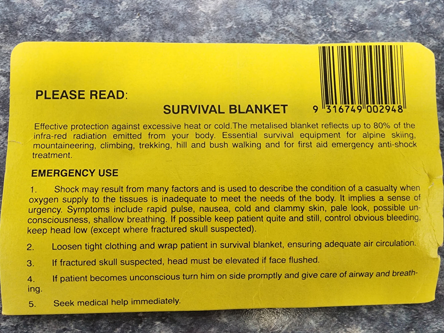 8572360 Emergency Survival Blanket - Single Use