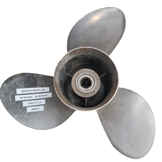 48-16315A4 48-16315A46 Mercury Vengeance 14 1/2 x 17 LH Stainless Steel Propeller – 15 Spline | Genuine Used Part