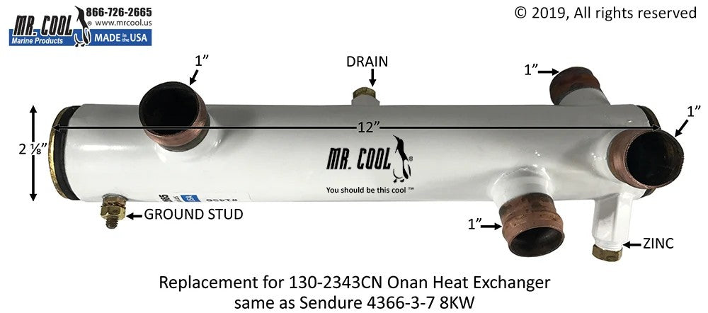 130-2343CN Aftermarket Onan MDKD 8kW Heat Exchanger 12 x 2 in | Sawley's Select Marine Parts