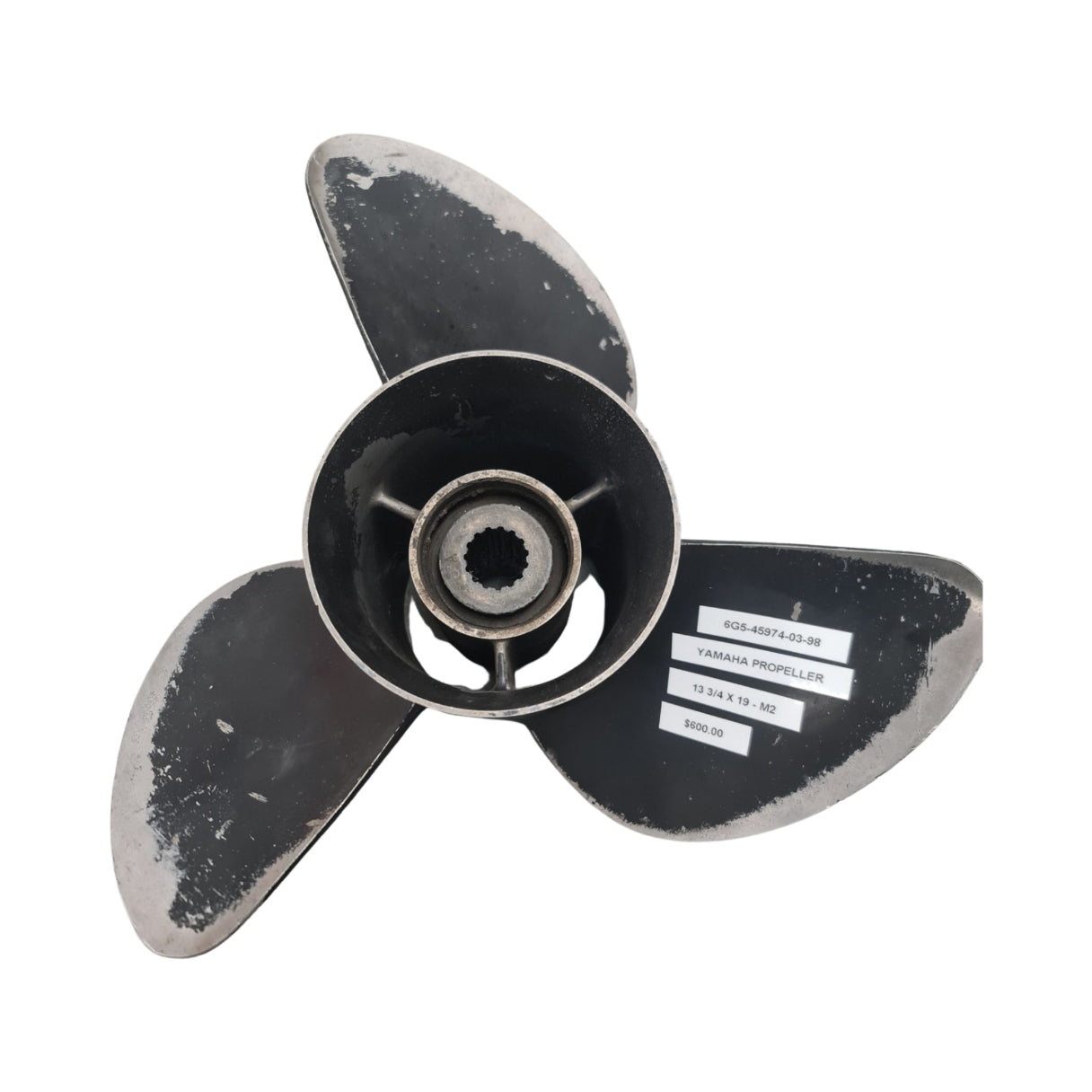 6G5-45974-03-98 6G5-45974-03-00 Yamaha M2 Series 13 3/4 x 19 RH Stainless Steel Propeller – 15 Spline | Genuine Used Part
