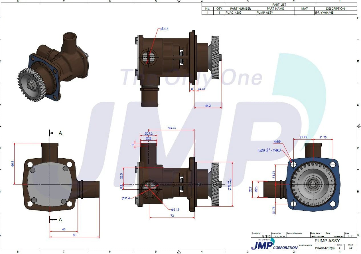 JPR-YM04JHB Yanmar 3JH4E, 3JH5E, 4JH5E Seawater Pump 129271-42502 Replacement JPR-YM04JHB
