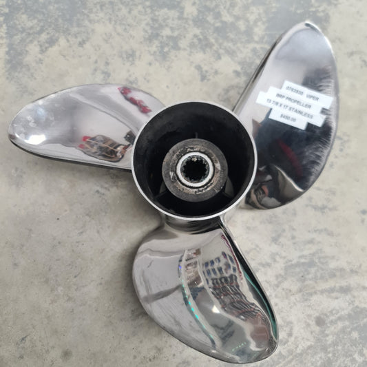 0763930 Evinrude/Johnson Viper 13 7/8 x 17 Stainless Steel Propeller – 13 Spline | Genuine Used Part
